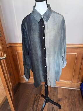 AP•NY XXL Cupro Viscose Color Block Button Down Shirt Black Gray